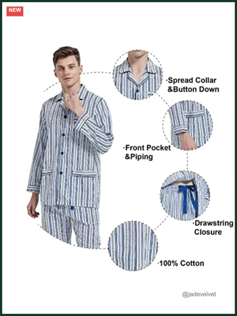 Men's 100% Cotton Pajama Set Long Sleeve Button Fly Pants